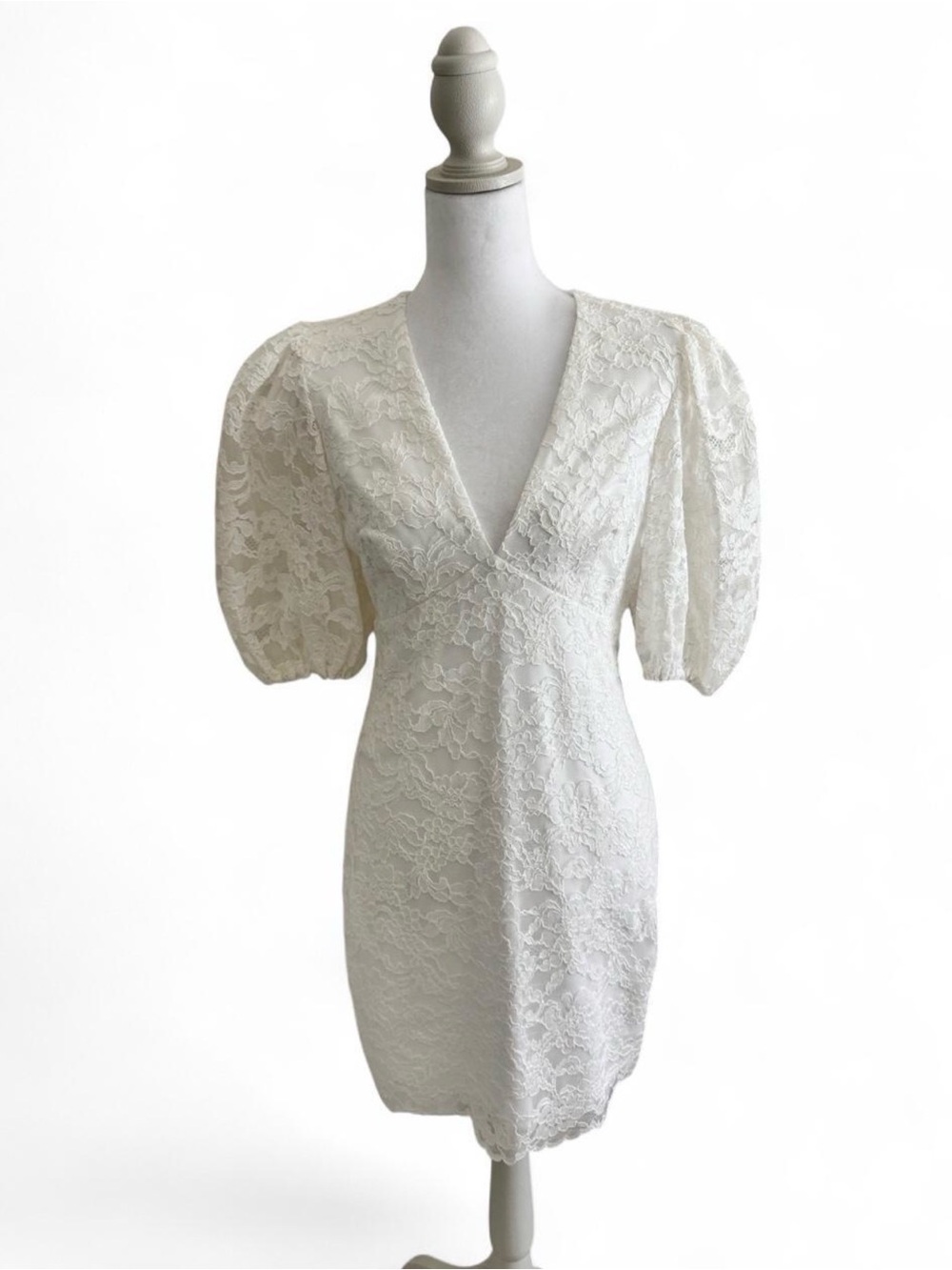 Lace Puff-Sleeve V-Neck Mini Dress